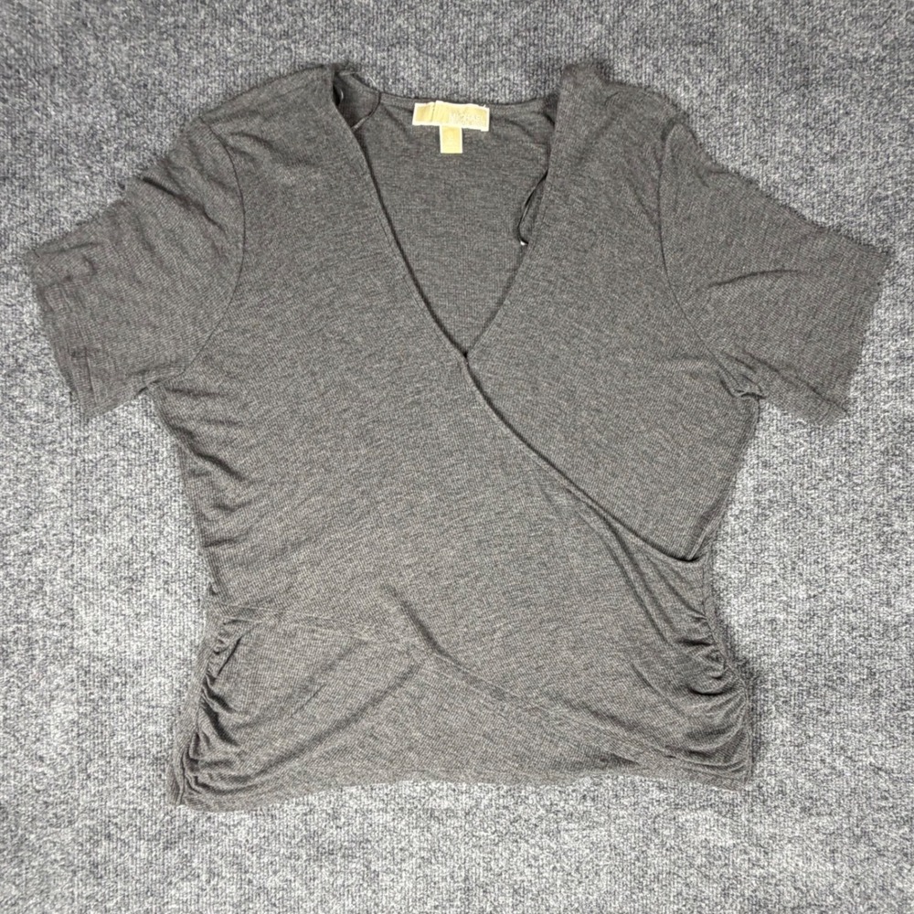 Michael Kors Womens XL Gray Ribbed‎ Surplice Wrap Top Short Sleeve Ruched Blouse